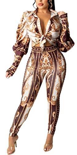 Glozeplus 2 Piece Outfits For Women Pants Sets Sexy Jumpsuits Floral Print Long Sleeve Bodycon Pant Set Outfit, Small