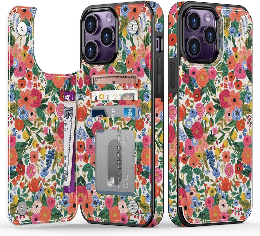 Goodon for iPhone 13 Pro Max Case Wallet - Flip Folio Leather Cover with Trendy Floral Design, 4 Card Slots & Kickstand Function, Protective Phone Case for Women and Girls - Flower Garden