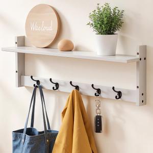 29Inch Wall Mounted Coat Rack with Hooks and Shelf - Large Rustic Wood Coat Hangers for Hats, Keys, Towels, Robes Functional Entryway Wall Organizer for Bathroom, Kitchen, Mudroom White