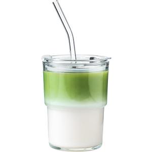 Olvini 13oz Glass Tumbler with Straw and Lid, Reusable Iced Coffee Cup Tumbler, Cute Glass Cups for Water, Matcha, Travel Coffee Mugs (Clear)