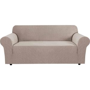 H.VERSAILTEX Stretch Sofa Covers for 3 Cushion Couch Covers Sofa Slipcovers for Living Room Feature Thick Checked Jacquard Fabric with Elastic Bottom, Sofa Large - Sand