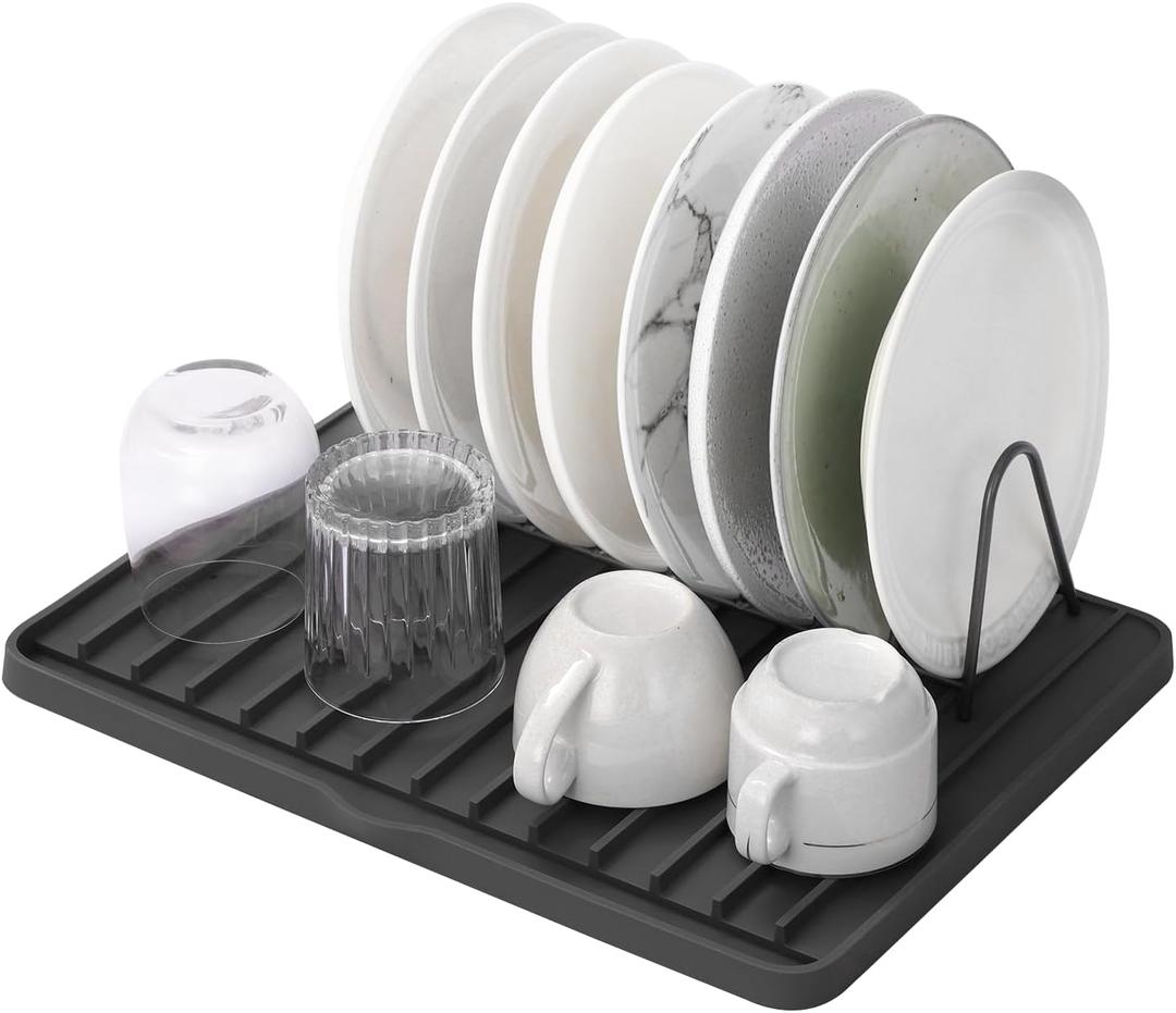 Silicone Dish Drying Mat with Drain Lip, Drying Rack Mat, Non-Slip BPA Free Heat Resistant, Dish Drying Pad for Dishes/Pans/Vegetables/Fruits/Flower Pots, 16" x 12" Black