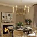 Gold Chandelier Light Fixture 6-Light Candle Dining Room Chandelier Lighting Over Table Vintage Brass Metal Chandeliers for Bedroom Kitchen Island Foyer Entryway, 26in