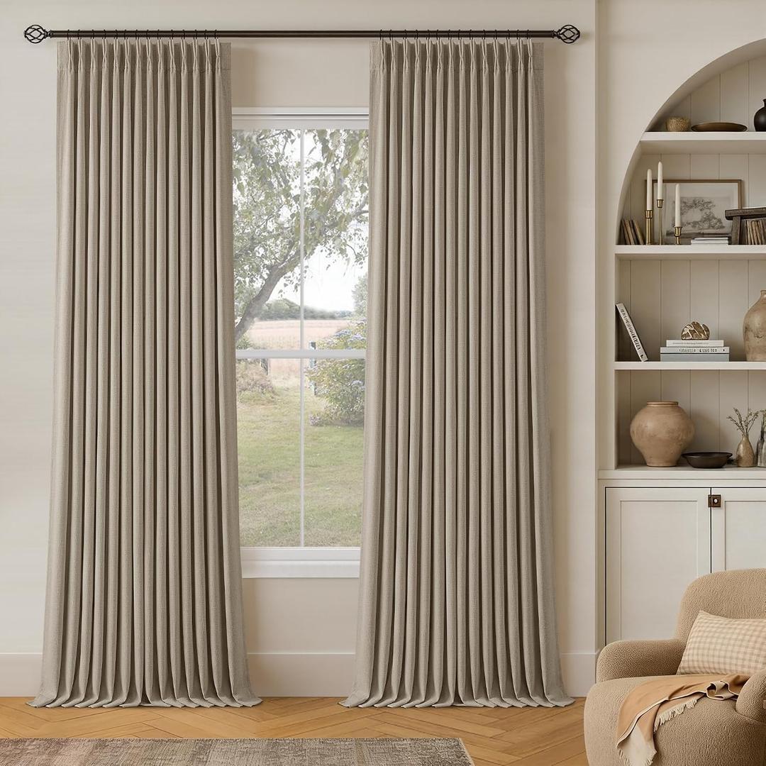 Greige Flax Linen Pinch Pleated Blackout Curtains 86 Inches Long for Bedroom Living Room Darkening 100% Black Out Pinch Pleat Drapes with Liner Farmhouse Neutral 86 Inch Curtain for Dining Room
