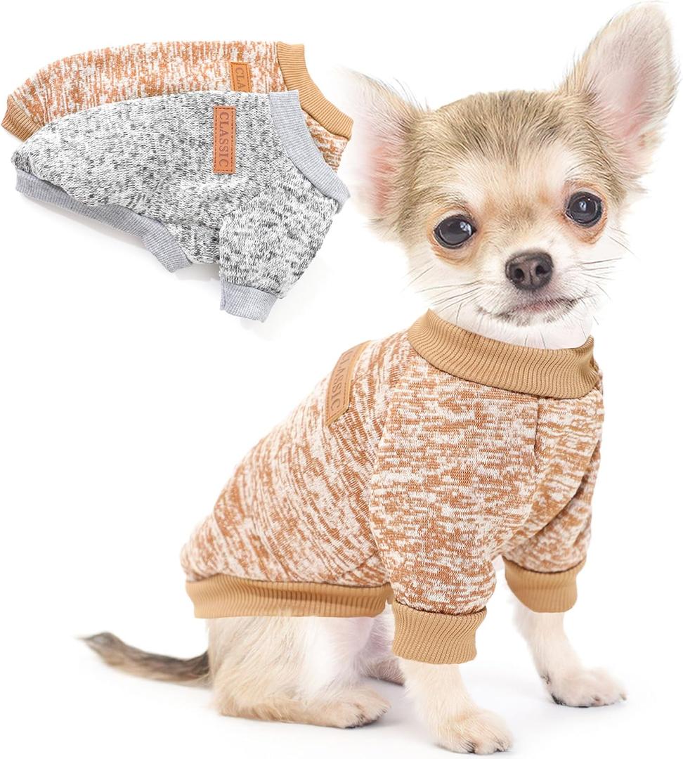 2 Pack 2.5-3.5lbs Dog Sweaters for Small Dogs Dog Clothes Winter Fleece Puppy Sweater Warm Pet Outfits for Yorkie, Chihuahua, Bulldog, Dachshund, Pug, XXS (Gery+Brown)