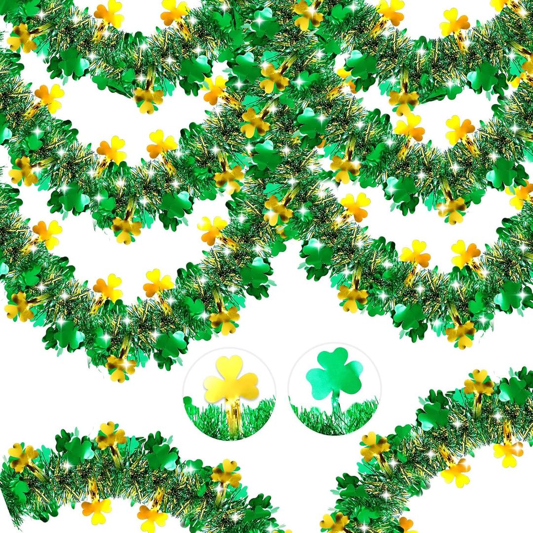 50FT St Patrick's Day Tinsel Garland, Green Gold Shamrock Tinsel Garland Clover Tinsel Twist Hanging Garland for Outdoor Indoor Home Tree Room Holiday Disco Party Irish St Patricks Day Decorations