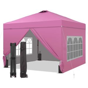 GDY 12x12 Pop Up Canopy Tent with 4 Sidewalls, Easy Set up with One Push Lift Gazebo with Wheel Bag and4 Sandbags,Carpas for Events, Parties,Camping, Pink.