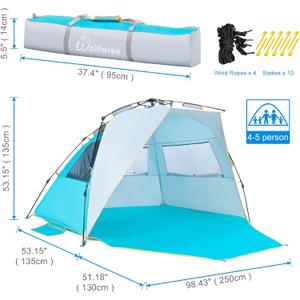 WolfWise 4-5 Person Easy Up Beach Tent UPF 50+ Portable Instant Sun Shelter Canopy Umbrella with Extended Zippered Porch, Blue,XL
