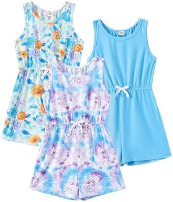 PATPAT Girls 3 Pack Rompers 10- 11 Years Floral Summer Rompers Elastic Waist Sleeveless Jumpsuits Cute Outfits