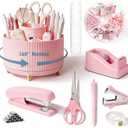 Gawsey Pink Desk Organizers and Accessories Set with 360-Degree Rotating Pen Holder, Tape Dispenser, Stapler, Staple Remover, 1000 Staples, Tape, Clips Set, Ruler, Scissor, Pen