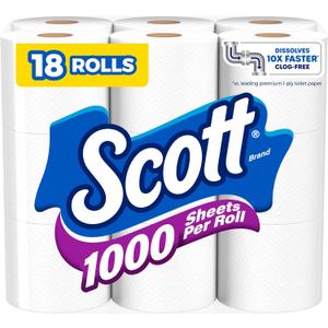 Scott 1000 Toilet Paper, 18 Rolls, 1000 Sheets per Roll