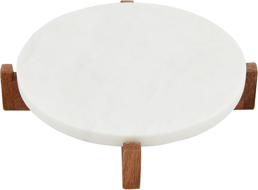 Mud Pie Wood White Marble Pedestal; 2" x 8 1/2" dia