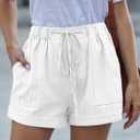 Acelitt 2024 Summer Fashion Casual Shorts Comfy Trendy Drawstring Elastic Waist Beach Linen (White, M)