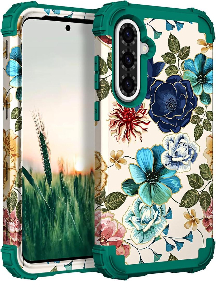 Hocase for Galaxy A36 5G Case, Heavy Duty Shockproof Protection Soft Silicone Rubber Bumper+Hard Plastic Hybrid Protective Case for Samsung Galaxy A36/A56 5G (6.7" Display) 2025 - Teal Flowers
