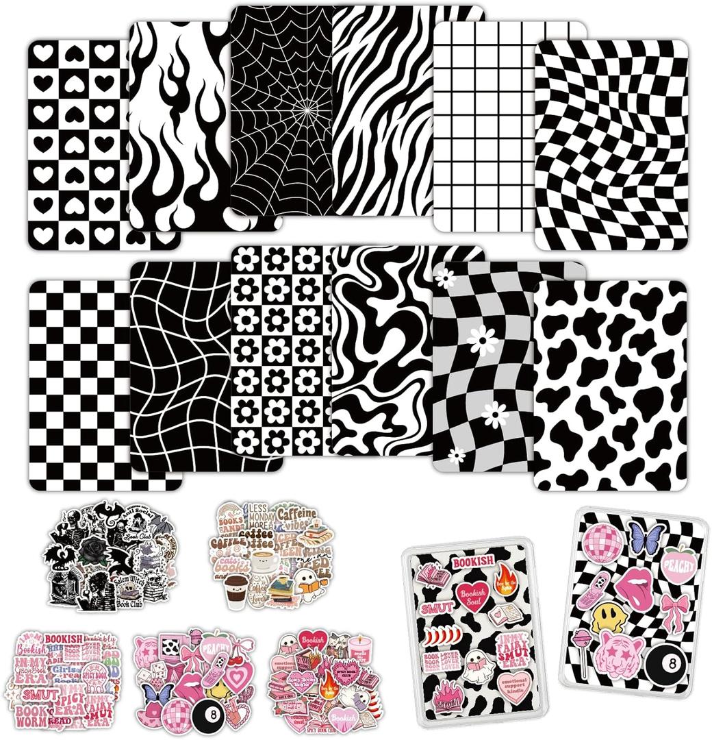 12PCS Black & White Kindle Cardstock Insert for 6.8 Kindle Paperwhite (11th Gen, 2021) Clear Case  12 Designs Cardstock Set with 100 Stickers, Gift for Book Lovers & Students