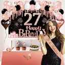 27th Birthday Decorations for Women, 49pcs Black Rose Gold Black Happy 27th Birthday Banner, Tablecloth, Butterfly Decor, Sash and Tiara, Cake Topper, Candles, Balloons Arch