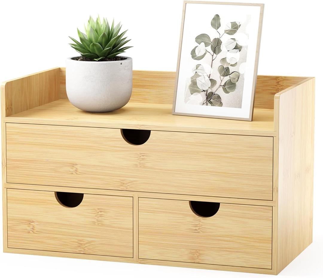 Bamboo Desk Organizer with Drawers - Small Desktop Countertop Mini Tabletop Storage Container - No Assembly Required (1-3 Drawers with Shelf)