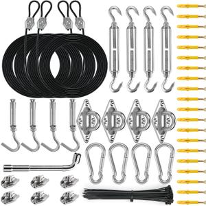 Sun Shade Sail Hardware Kit with 4pcs 10ft Length Extension Nylon Wire Rope, Triangle Rectangle Shade Canopy, 304 Stainless Steel, Garden Outdoors