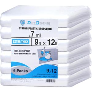 Dirt Defence Plastic Drop Cloth, 9x12 Ft Plastic Sheeting for Painting, Waterproof & Dust-Proof,Tear-Resistance Plastic Tarp for Painting, Floor, Furniture Cover Thick & Durable (6 PCS)
