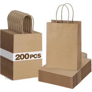 BagDream 200Pcs Gift Bags 5.25x3x8 Kraft Brown Paper Gift Bags with Handles Bulk, Small Paper Sacks for Birthday Wedding Party Favors, Wholesale Retail Merchandise Small Business