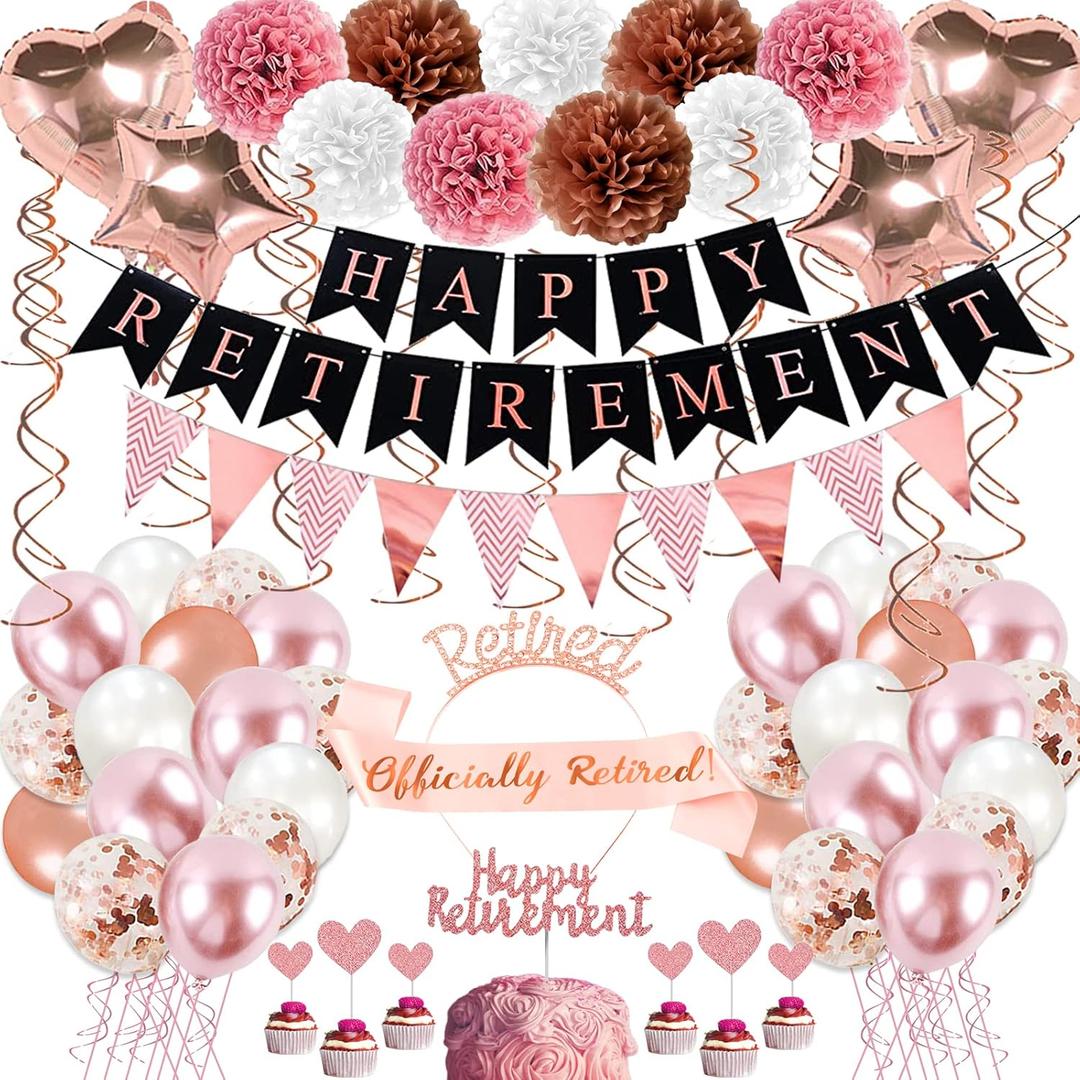 Rose Gold Retirement Party Decorations, 63 Pcs Retired Party Decorations for Women Happy Retirement Banner Hanging Swirls Foil Balloon Cake Toppers Retired Sash Retired Parties Supplies