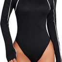 SweatyRocks Women's Mock Neck Long Sleeve Bodysuit Letter Print Body Suits Leotard Thong Bodysuits (Black) Size S