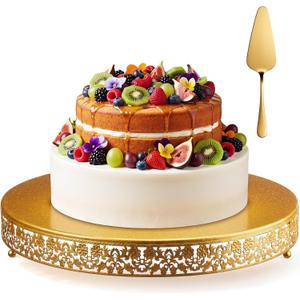 Gold Cake Stand Set Metal Round Cupcake Dessert Stand with Cake Cutting, Flower Spatula Wedding Cupcake Pastry Display Candy Holder Display for Wedding Party Birthday Baby Shower
