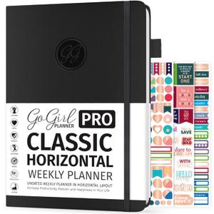 GoGirl Planner PRO - Undated Horizontal Layout Weekly Planner and Organizer + Budgeting and Expense Tracking Pages, Goals Journal & Agenda, 7" x 10" Hardcover, Lasts 1 Year - Black