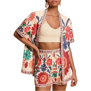 MakeMeChic Women's Two Piece Sets Summer Tropical Vacation Outfits Boho Floral Kimono Tops Shorts Set (Orange, XL)