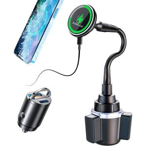 for Qi2 15W Magsafe Car Cup Holder Charger [Heat Restriction], Magnetic Cup Holder Phone Mount Wireless Charger, Fast Charging for iPhone 17 to12 Series[with 30W PD3.0&QC4.0 Car Adapter]