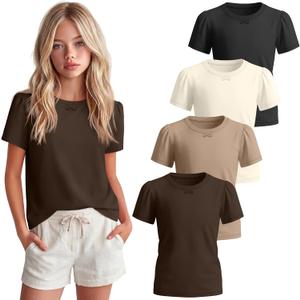 Oakgarden 4 Pack Girls Short Sleeve Tees | 5-14Y, Kids, Big Girls, Teen, Short Sleeve, Crew Neck, Bow Puff Sleeve, Summer Top, Soft, Casual Basic Tees, School Wear