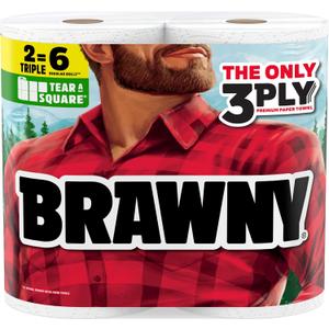 Brawny Tear-A-Square 3-Ply Paper Towels, 2 Triple Rolls = 6 Regular Rolls, Strong, Absorbent, and Durable with 3 Sheet Sizes (Quarter, Half, Full)