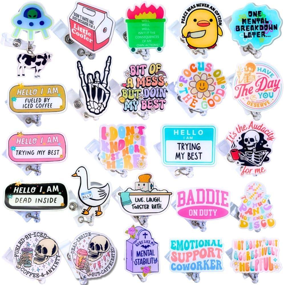 YJ PREMIUMS 24PC Funny Cute Badge Reel Bulk Clip Holder Retractable Fun Cool ID Badges Reels Pack for Nurse Week Nurses Nursing Office Student Work Healthcare Medical Sarcastic Gifts Supplies