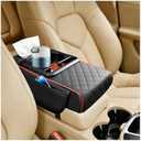 FALVFUN Car Center Console Armrest Box Mat, Nappa Leather Armrest Box Cover with Tissue Box, Cup Holder & Phone Holder, Middle Console Arm Rest Protection Pillow, Universal Fit (Black/Red)