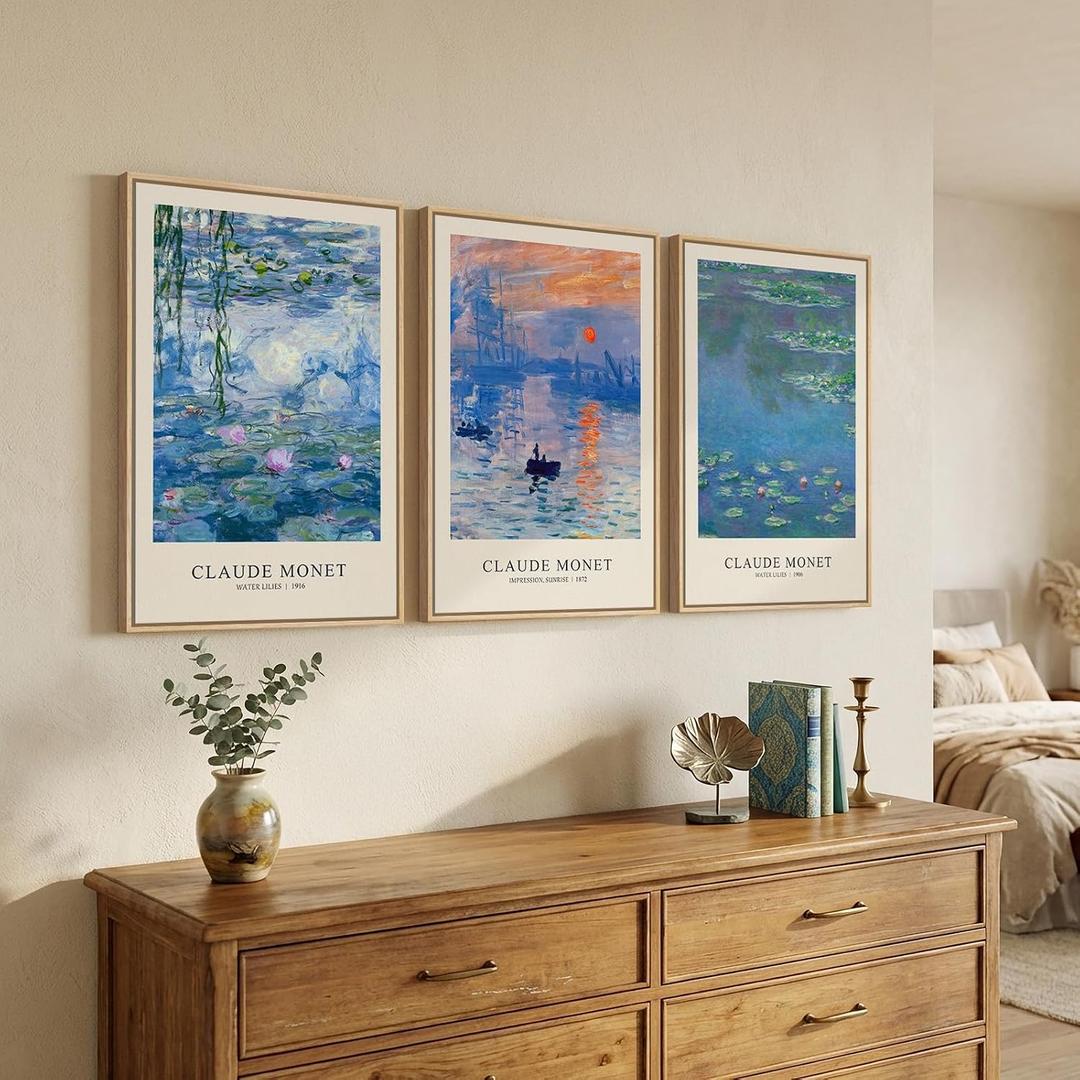 Framed Claude Monet Landscape Wall Art for Living Room, 3 Piece Impressionist Canvas Picture Artwork for Walls, Classic Blue Lake Water Lilies Prints Painting for Bedroom Dining Room Hallway, 16x24 In, 16"W x 24"Hx3Pcs