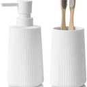 YAUKPH Bathroom Accessories 2 Piece Soap Dispenser and Toothbrush Holder Set Striped White