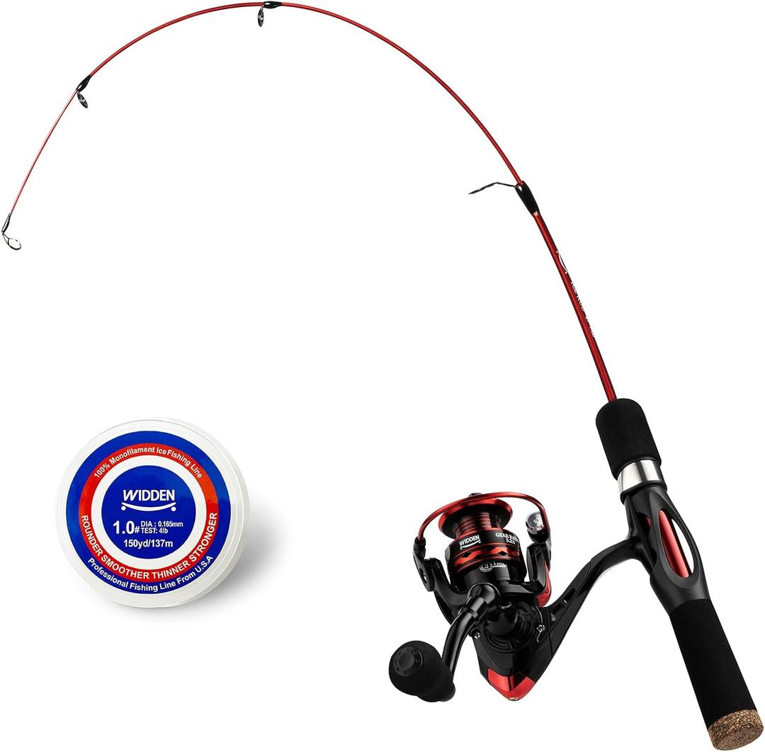 WIDDEN Ice Fishing Rod and Reel Combo, 27" Medium Light Spinning Ice Fishing Pole, Gear with Tackle Box Kit, Line, Lures for Saltwater, Freshwater Trout, Bass, Walleye (Red)