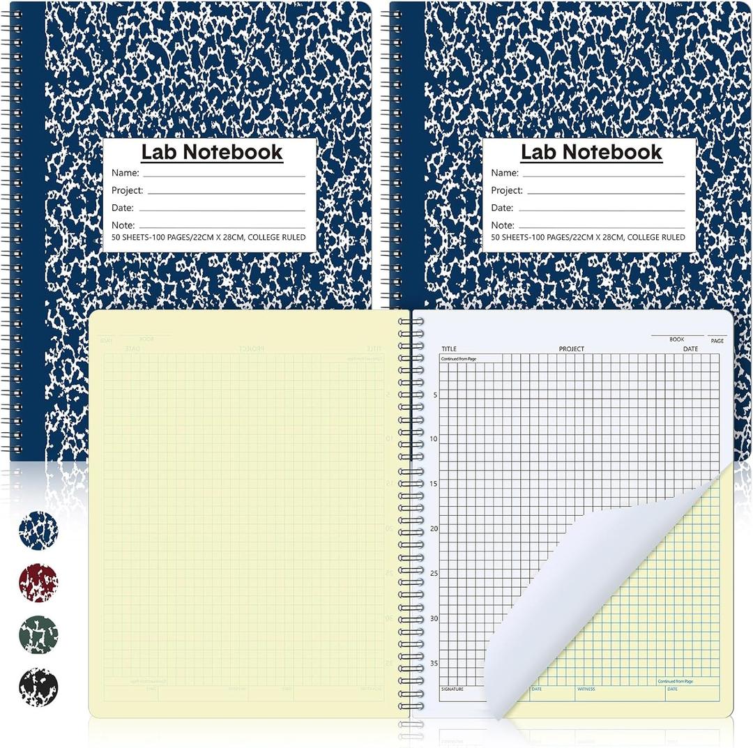 Affrolling 2 Pack Carbonless Lab Notebook Carbon Copy 8.5'' x 11'' 50 Set of Pages 100 Pages Total Laboratory Engineering Chemistry Computation Notebook Science Grid Total Coil Binding(Blue and White)
