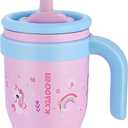 KXIAOCHEN 14 oz Kids Tumbler with Handle for spill proof Insulated Stainless Steel Reusable Tumbler for Toddlers, Keeps Drinks Cold up to 24 Hrs,Pink Unicorn
