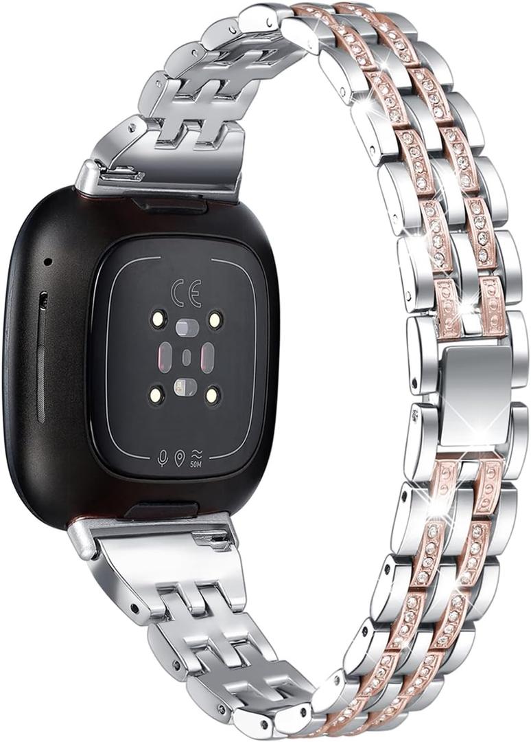 Bling Bands Compatible with Fitbit Versa 4/Sense 2/Versa 3/Sense, Women Dressy Slim Bracelet Metal Replacement Wristbands (Silver with Rose Gold)