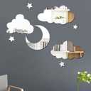 3D Moon Cloud Mirror Wall Decor Acrylic Mirror Stickers Self Adhesive Decorative Moon Star Cloud Wall Decals for Baby Kids Children's Living Room Bedroom Nursery Wall Decor