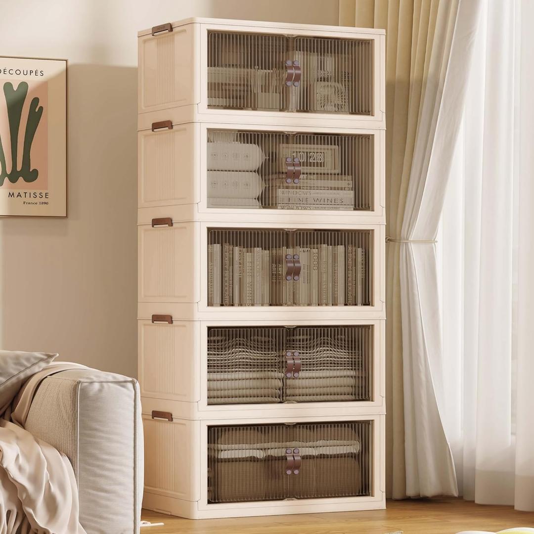SAILUN 136Gal/543Qt Stackable Storage Bins Folding Collapsible Storage Bins with Lid, Closet Organizers and Storage Box with Door Beige 26" W x 17" D x 71" H