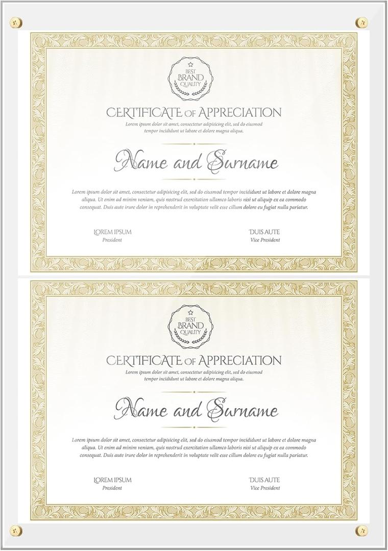Briwooody 14 x 20 Acrylic Double Diploma Frame for Two 8.5 x 11 Diplomas, Certificates, Degrees, Documents Wall Mount Picture Frame Self Adhesive Floating Frameless Photo Display(Clear)