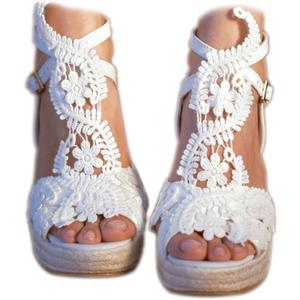 Women's Platform Sandals Wedge Open Toe Ankle Strap lace Wedding Shoes Bridesmaid Shoes (10, White#1)