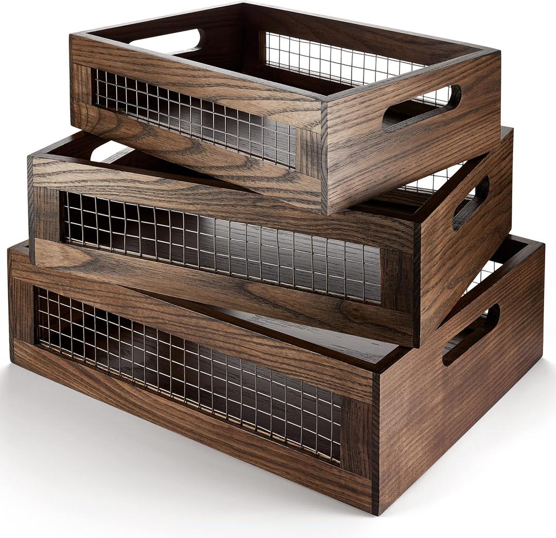 Set of 3 Extra Large Wooden Nesting Countertop Baskets, Rustic Wood Storage Organizer for Kitchen, Pantry or Bathroom Fruit, Vegetables, Bread Crates with Handles (Largest 16")