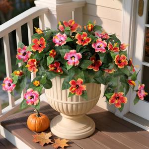 Artificial Fake Flowers for Outdoors Decoration, 2PCS Faux Hibiscus Flowers for Outside PlantersRealistic Silk Plants with UV Resistant No Fade for Home Porch Garden Balcony Yard Decor (Orange Pink)