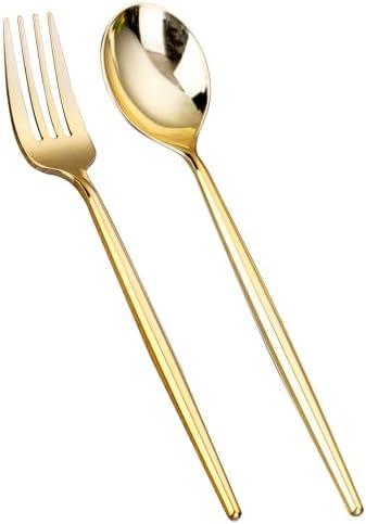 SUT 100PCS Gold Plastic Forks and Spoons Heavy Duty Set, Gold Disposable Silverware, Gold Cutlery, Gold Disposable Utensils, Plastic Flatware Includes Only 50 Spoons