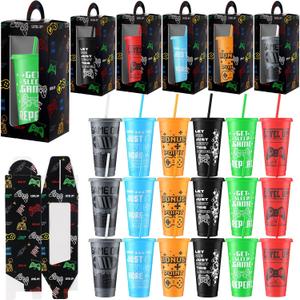 Mifoci 24 Sets Video Game Party Favors 24 oz Gamer Cup with Lids and Straws Gaming Paper Gift Boxes Plastic Reusable Gamer Tumbler for Game Birthday Party Supplies Gifts(Multicolor)