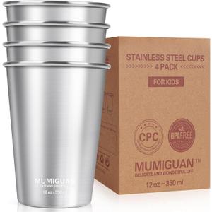 Stainless Steel Cups for Kids 12oz/350ml (4 Pack), Stainless Steel Tumbler, Kids Cups, Camping Stainless Steel Cups, Stackable Metal Drinking Glasses, BPA Free, Stackable, Durable