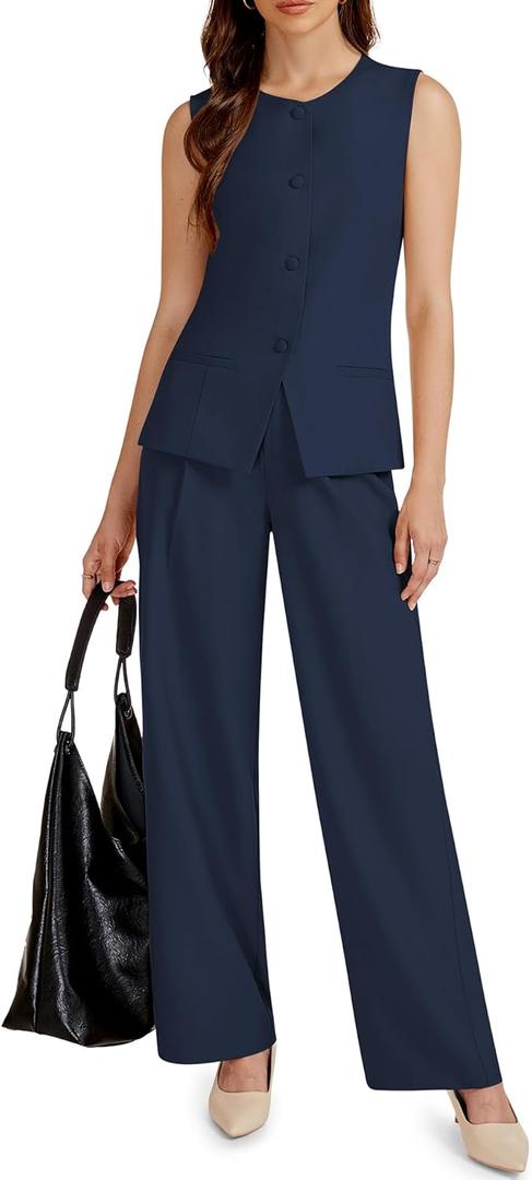Casly Lamiit Women's 2 Piece Blazer Outfits Sleeveless Crewneck Vest Wide Leg Pantsuit 2025 Dressy Casual Work Sets (XX-Large, Navy Blue)